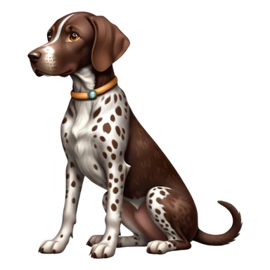 cinematic-[spotted german pointer]-realistic-full-body-sitting-emoji,-tail-resting-loosely-beside-its-paws,-head-tilted-dramatically,-sleek-[brown spotted]-fur,-simplified-yet-realistic-focused-features,-highly-detailed,-glowing-with-an-almost-sarcastic-glow sticker
