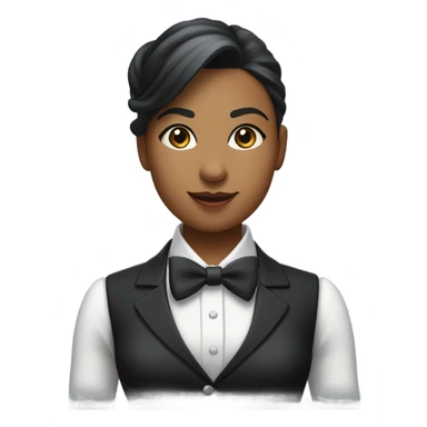 a female butler with a professional and elegant demeanor. She has her hair neatly tied in a ponytail and wears a classic butler uniform, including a tailored vest, crisp white shirt, and bow tie. sticker
