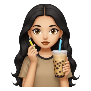 a pretty FAIR indian bratz girl with wavy long black hair, wearing an oversized brown tshirt, drinking boba, eyeliner on sticker