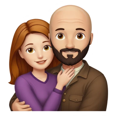 Couple. Bald man with dark brown-black beard. White woman with many small, faded freckles, she has white skin and she has auburn-yellow-brown-cinnamon, dark long hair. She has light brown eyes. The man have hazel eyes. Retro style. They hug. sticker