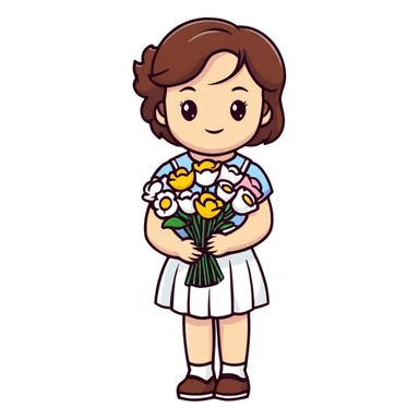 girl with brown hair wearing a white skirt holding a bouquet of flowers sticker