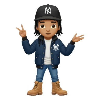 African American boy with short black dreadlocks wearing a black New York Yankees logo baseball cap wearing a black bubble winter coat wearing denim skinny jeans and timberland boots with hands pointing out at someone sticker