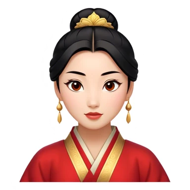 Cinematic Elegant Mulan Portrait Emoji, rendered in a flat, vector-style with minimal shading and bold, simplified shapes. Depict Mulan (chest and above) with warm, light-toned skin, almond-shaped eyes, and sleek black hair styled in a traditional bun. She wears a modest, traditional robe with subtle red and gold accents, glowing with a soft, refined radiance and high shine, capturing timeless beauty and inner strength. sticker