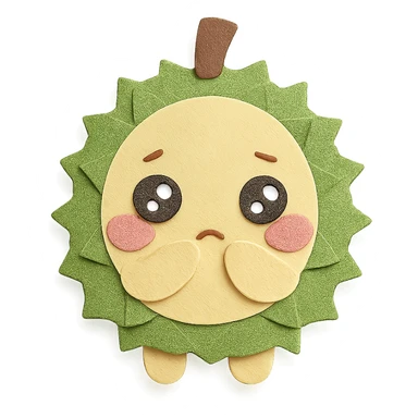 cute chibi soft fluffy durian character, round, green spiky shell, yellow flesh, blushing, shy, sparkly eyes, pastel, full-body sticker