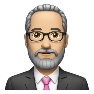 A Jewish man with a beard, thinned dark hair with gray on his head with full pink lips, in a business suit and glasses sticker