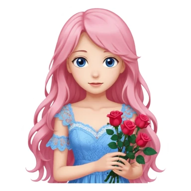 pastel anime woman with pink and white lace dress full body and long hair with roses and blue eyes sticker