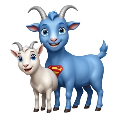 Blue goat whole body pretty smiling excited blue eyes female blue eyes next to superman sticker
