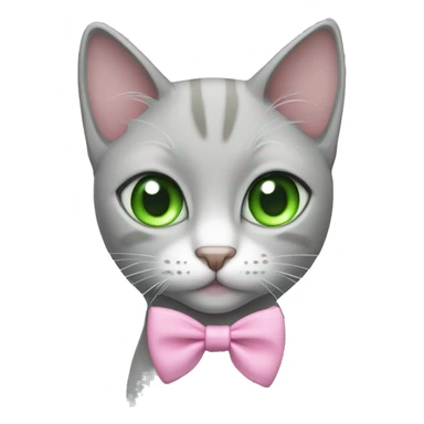 Light grey cat with green eyes wearing a pink bow sticker
