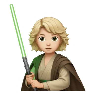 Young jedi with sandy blonde wavy short hair holding a green lightsaber sticker