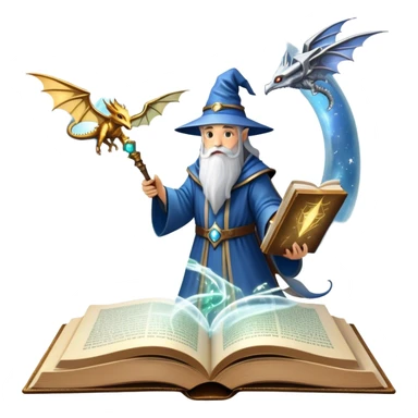 Icon for Fantasy and Sci-Fi Reading: an open book with magical creatures like dragons and fairies flying out, with a futuristic spaceship in the sky and a wizard casting spells. The icon should represent the magic and adventure of fantasy and science fiction worlds. Transparent background. sticker