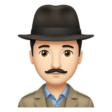 A light-skinned man with short dark hair, a thin mustache, and a black fedora, with an oval face and calm look. sticker