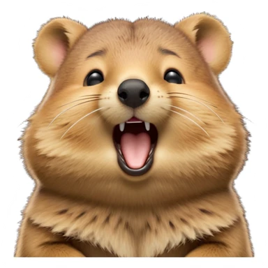 cinematic-realistic  yawning quokka-emoji,-small-round-frame, head tilted in an endearing manner, wouth wide open yawning, sleepy comical smile, fluffy cheeks, giant-fluffy-cheeks-large-smile-fluffy-brown-fur-radiating-a-warm-softness,-big-round-eyes-filled-with-joy, realistic round  fluffy zoomed in, large black eyes one paw raised in the air sticker