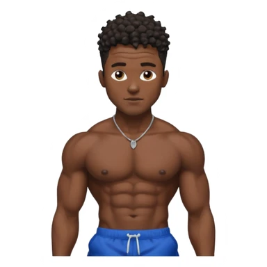 Ripped, athletic man with thick neck, high top fade with no part, curly hair only top only, no shirt and show waistline up, black shorts and more man face sticker