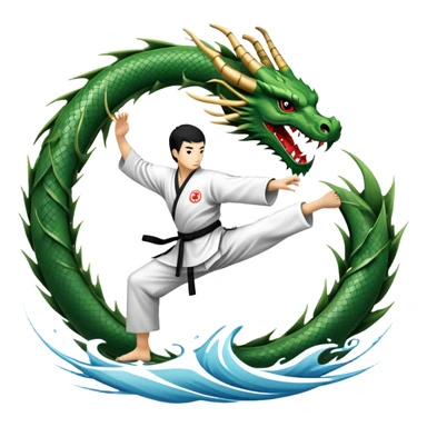 An icon symbolizing Eastern martial arts in the style of an emblem, featuring a black-and-white Yin-Yang symbol and a dragon at the center. A martial artist is performing a fluid kick, surrounded by elements like a dojo and bamboo. Transparent background highlights balance and power. sticker