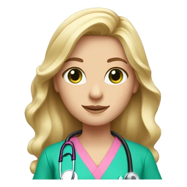 pale blonde girl with long wavy hair and green eyes wearing pink scrubs and stethoscope  sticker
