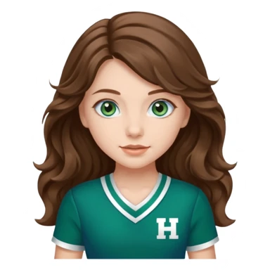 A pretty girl with BLUE EYES, brown long wavy hair, and wear green Hawkins cheerleader uniform sticker