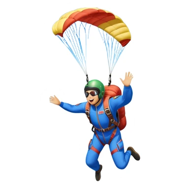 A skydiver free-falling through the sky, with a brightly colored parachute open above them. The background features a vast blue sky dotted with fluffy clouds, birds soaring nearby, and a plane flying off in the distance, emphasizing the thrill and freedom of the sport. sticker