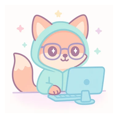 clever fox programmer-hacker wearing a hoodie and glasses, sitting at a computer, anime style, expressive eyes, dynamic angle, blurred background sticker