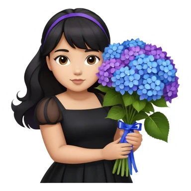 Latina girl with bangs black long hair in pony tail plus size black dress holding a blue and purple bouquet of hydrangeas sticker