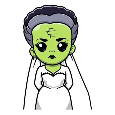 Bride of Frankenstein with tall black and white hair and stitches on face sticker