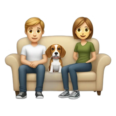 Brown hair White boy and girl with beagle Sit on couch sticker