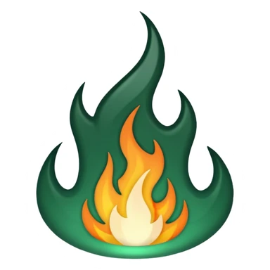 dark green and white flame, rounded flame shape, emoji style, transparent background sticker