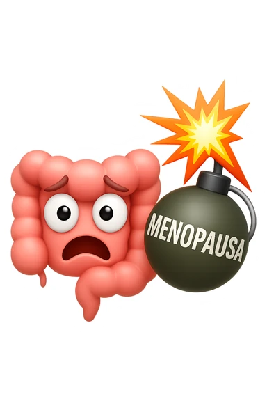 EMOJI STILE IPHONE 3D DI INTESTINO 3D CON ESPRESSIONE SPAVENTATA IN VOLTO MENTRE ACCANTO A LUI SCOPPIA UNA GRANATA 3D CON LA SCRITTA "MENOPAUSA" SOPRA, FAGLI ANCHE LA PARTE BIANCA DEGLI OCCHI, NON SOLO LA PUPILLA sticker