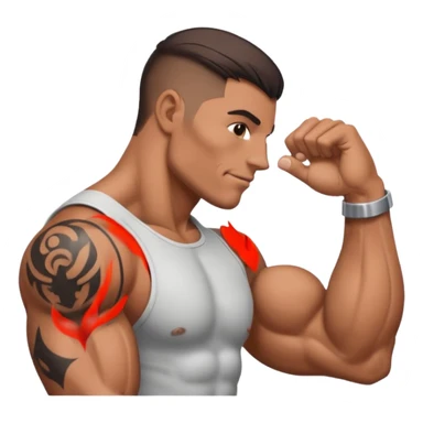 A hand makes a muscle that has a tattoo on it sticker