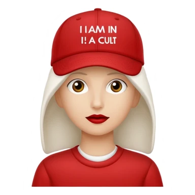 Red cap with no person in it that says "I AM IN A CULT" in white text sticker
