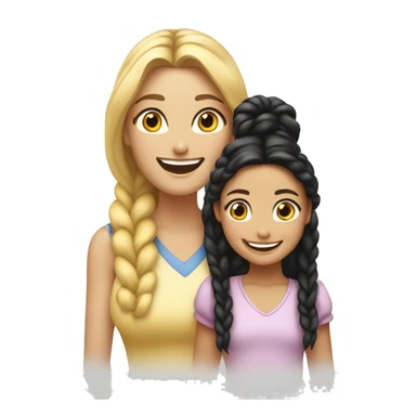 An emoji of a blonde mother with very long hair and a cheerful expression, standing next to her daughter, a small girl with black hair styled in two braids, both smiling happily together sticker