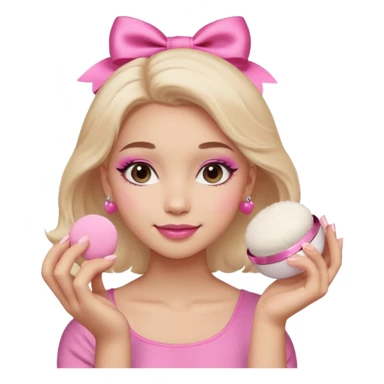 female face, light skin tone, small simple closed smile. One hand visible holding a round fluffy pink makeup powder puff pressed to the cheek; the puff has a small satin bow. sticker