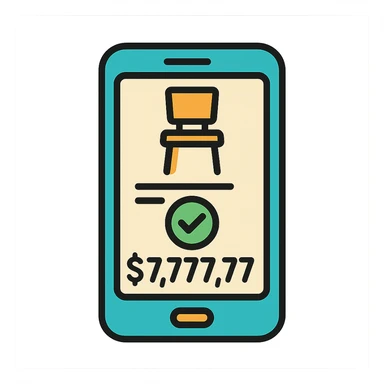 a furniture order confirmation on a phone screen, displaying $7,777,777, color outline style sticker