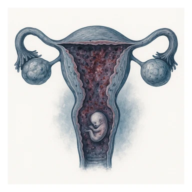 realistic illustration of uterus with irregular and inflamed endometrium, presence of ovarian cysts, small stylized embryo struggling to implant, cold colors, details of hostility, white background sticker