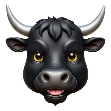 Cinematic Comical Black Bull Portrait Emoji, Head tilted dramatically with an exaggeratedly amused expression, featuring a striking, glossy black hide with a bold natural sheen, wide, expressive dark eyes filled with playful disbelief, Simplified yet hilariously expressive features, highly detailed, glowing with a slightly sassy glow, high shine, dramatic yet playful, stylized with an air of cheeky mischief, bright and endearing, soft glowing outline, capturing the essence of a spirited and over-the-top bull, so meme-worthy it feels like it could charge its way into internet fame instantly! sticker