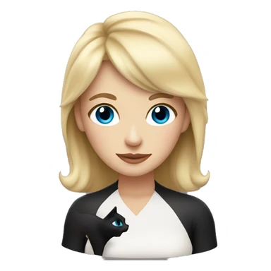 Blonde mom with bangs and blue eyes holding black cat with white chest sticker