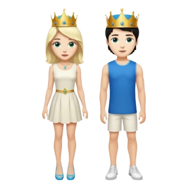 Prince with crown, black hair, body, legst, blue eyes, woman blonde hair, green eyes, sexy white short sleveless dress, shoes sticker