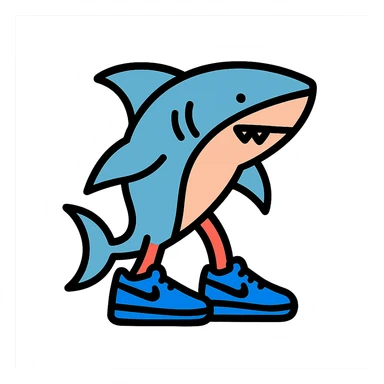 shark wearing blue Nike shoes, icon style, clean lines, simple shapes, minimal color, modern look sticker