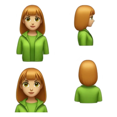 a evil young girl with slightly tanned skin.  straight bangs and dark hair.  she has bright green eyes and an orange coat sticker