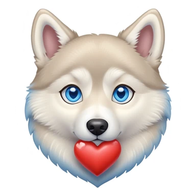 Beige husky with blue eyes holding a blue heart sticker