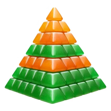 3D render of Gumdrop Pyramid, made entirely of dessert materials, glistening sugar crystal texture, stacked green and orange sugar-coated jelly candies, delicious confectionery aesthetic, Apple emoji style, isolated on white background --v 6.0. sticker