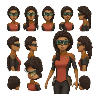 Teniente rosas. De Star Trek. Guapa, de pelo negro y rizado. Piel canela. Lentes sticker