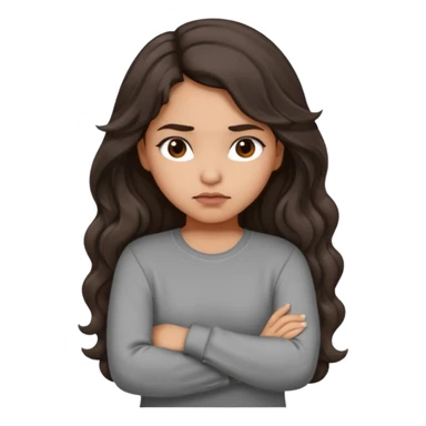 Hispanic girl with long dark brown wavy hair arms folded and  pouting. Gray long sleeve sticker