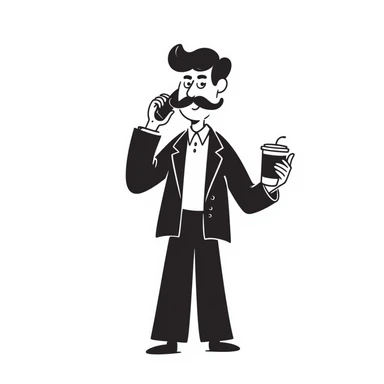 Wall Street finance bro with ridiculous oversized mustache, wearing expensive suit, holding phone and coffee sticker