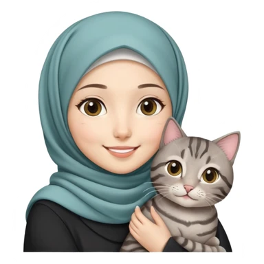 Asian White girl wearing pretty hijab holding a black grey tabby cat while smiling sticker