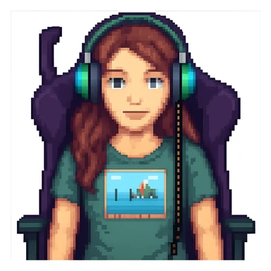 Make the streamer a female with headphones and a gaming chair in pixel art style. Remove the background. sticker