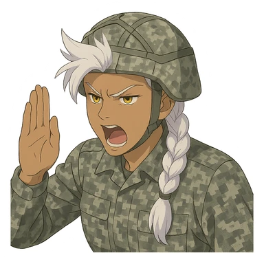 Style of Anime, 1 female, gold yellow eyes, white hair lavender tips, locks in front, mohawk, long white braid, she is a drill sergeant at work, focused facial expression, shouting command, eyes looking down in front of her, a blade hand  vertical palm gesture "to the forward" direction, uniform of gray large scale digital camo. her head is covered with a PAGS style wrapped ballistic helmet sticker