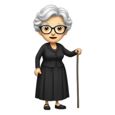 Old lady with rounded clear glasses all dressed in black dress Walking hunched with a cane and a and a handkerchief tied over her gray-haired hair sticker