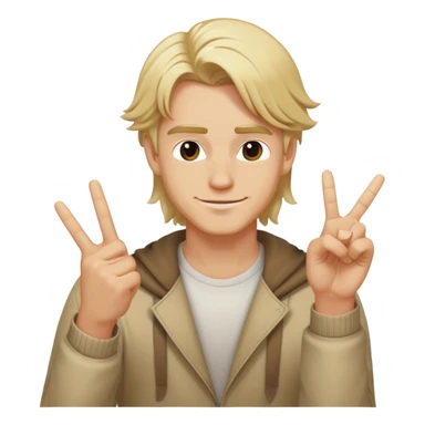 Blonde man with swooshing hair and no facial hair, crouching giving a peace sign while smirking sticker