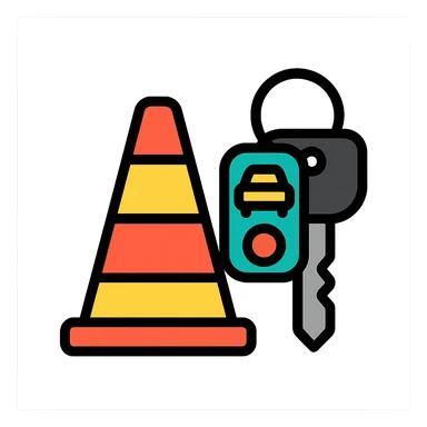 Fahrschule, traffic cone and car keys, friendly, colorful sticker