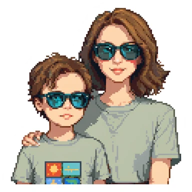 A happy woman with brown hair and a child boy, both wearing Ray-Ban glasses sticker